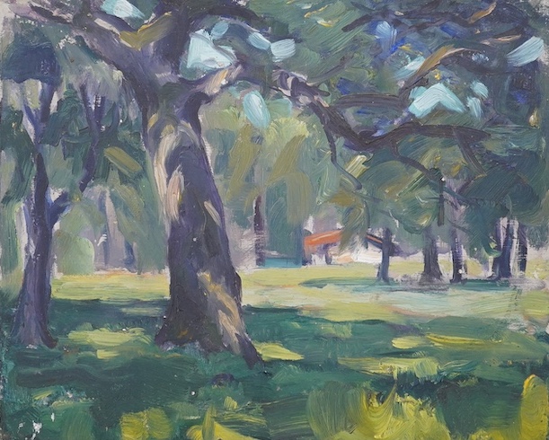 Early 20th century, French School, two oils on board, Abstract wooded landscapes, 33 x 40cm, unframed. Condition - fair, some chips and scuffs